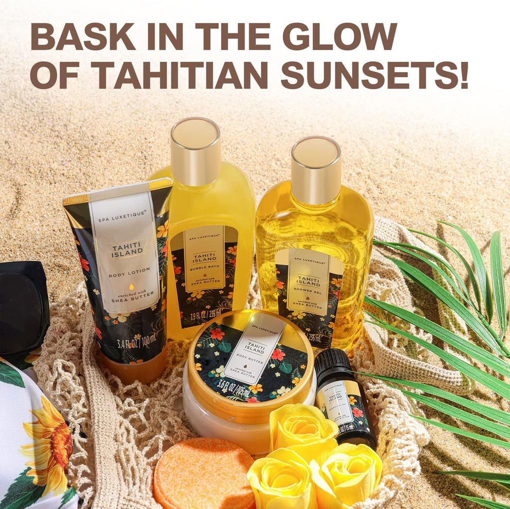 15-Piece Women’s Bath and Body Gift Set with Tote Bag, Bath Bombs, Body Lotion, Hand Cream and Bath Accessories, Tahiti Island Scent