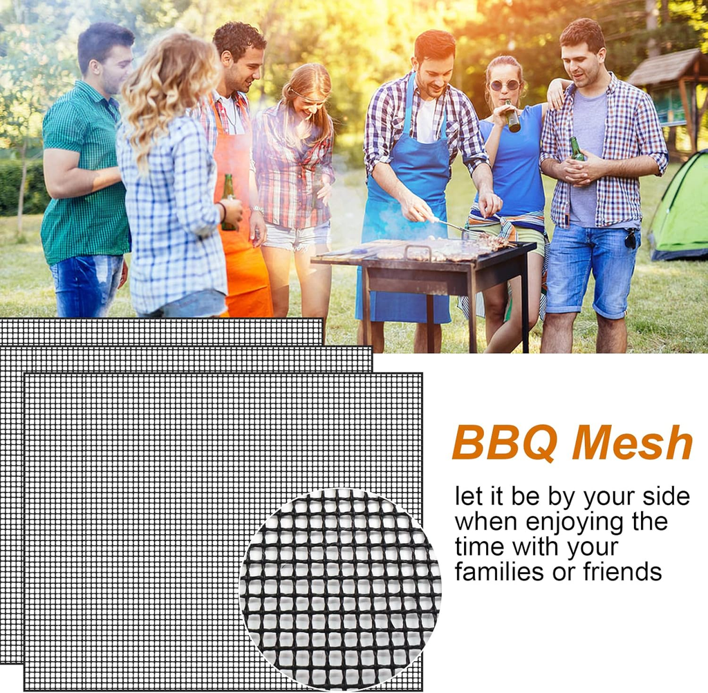 3 Pack Reusable BBQ Grill Mesh Mats, Non-Stick Cooking Sheets for Barbecue, Gas, Charcoal & Electric Grills, 33×40cm