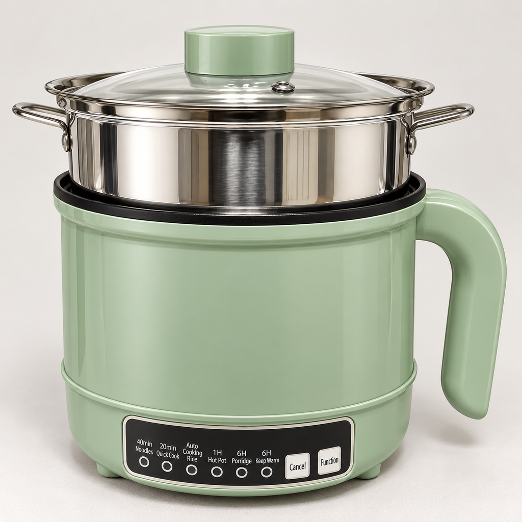 1.7L Multifunction Electric Cooking Pot with Stainless Steel Steamer, Non-Stick Interior & Glass Lid, 600W