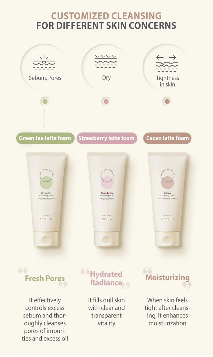 MISSHA Creamy Latte Cleansing Foam Green Tea 172ml Deep Cleansing Facial Foam Face Wash