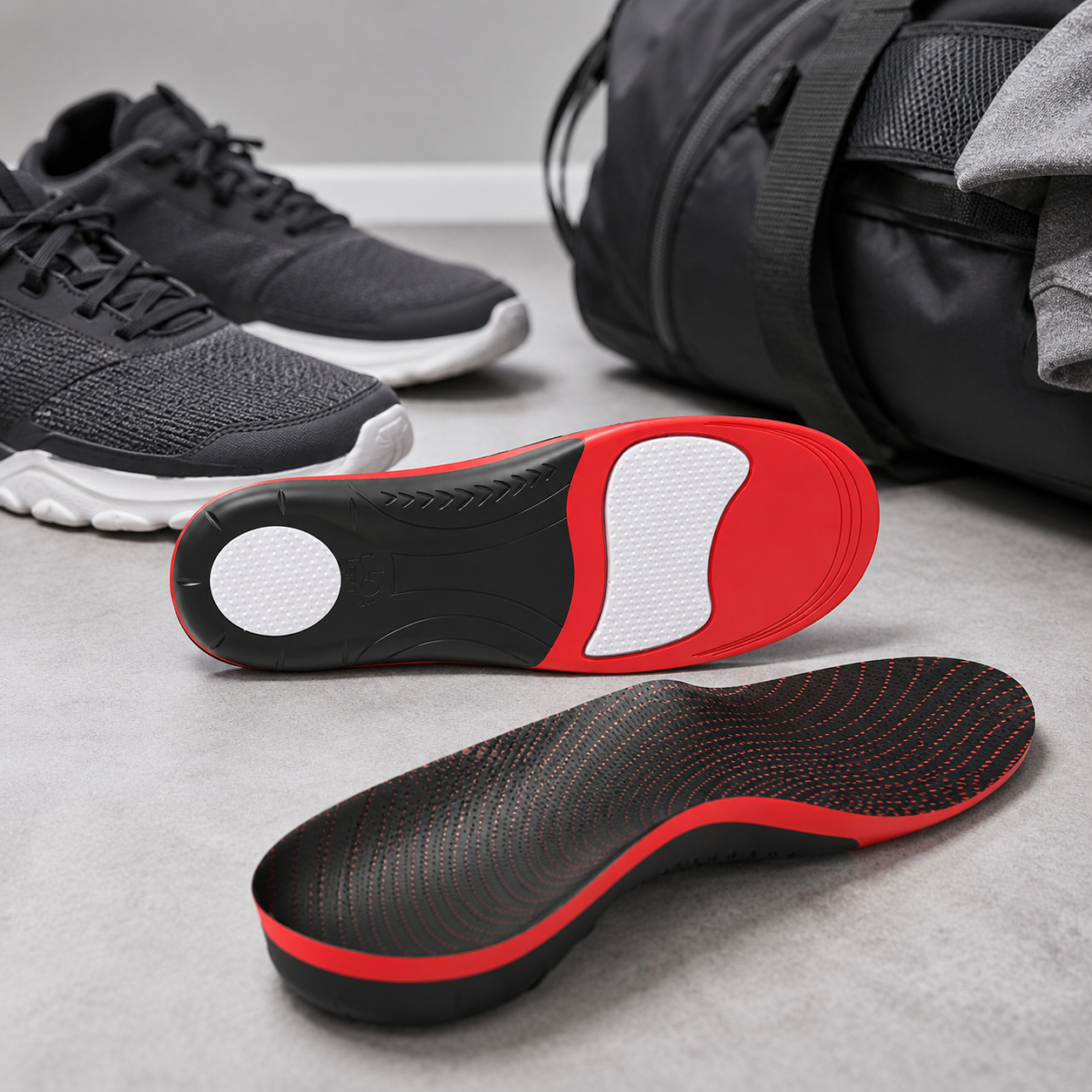 Full-Length Supportive Gel Insoles with Cushioned Heel and Breathable Fabric for Everyday Shoes, Red & Black