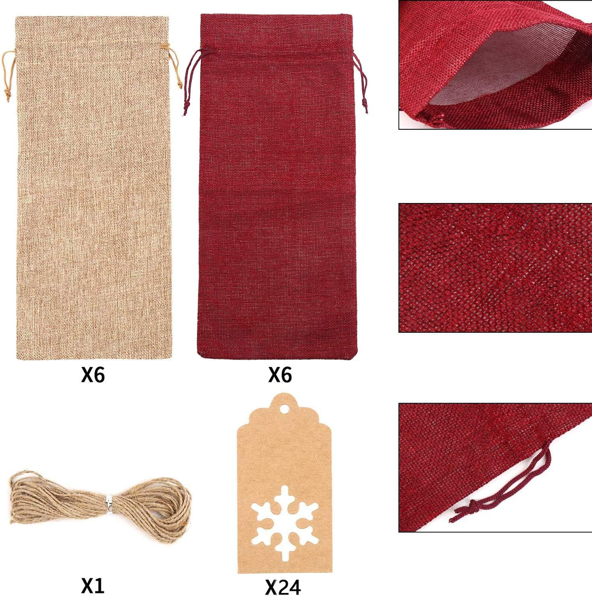 Christmas Burlap Wine Gift Bags with Drawstrings & Snowflake Tags – Red & Natural