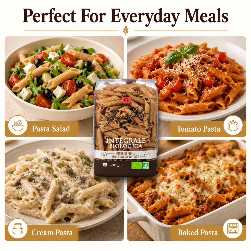 Whole Wheat Penne Rigate Pasta, Durum Wheat Semolina Pasta, Italian Style Pasta