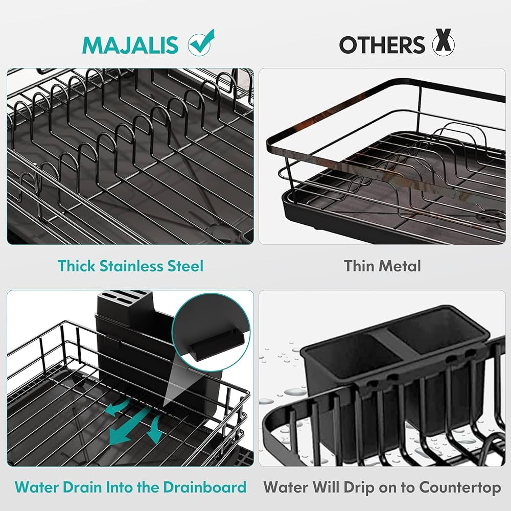 Stainless Steel Dish Drying Rack – Kitchen Countertop Dish Drainer with Drainboard, Utensil Holder & Cup Holder