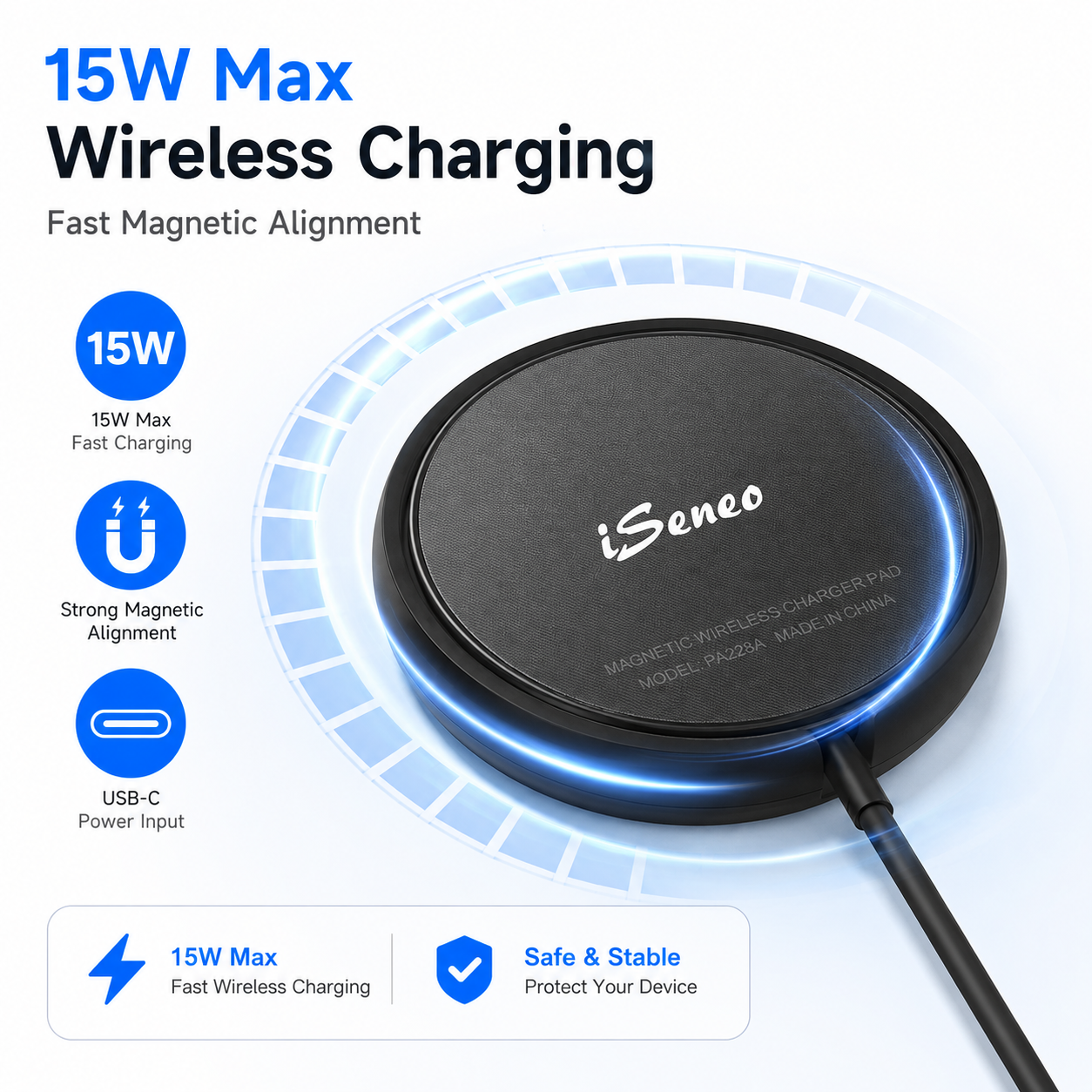 iSeneo WaveCharger 228 Magnetic Wireless Charger Pad with USB-C Cable, 15W Max Fast Charging, Black