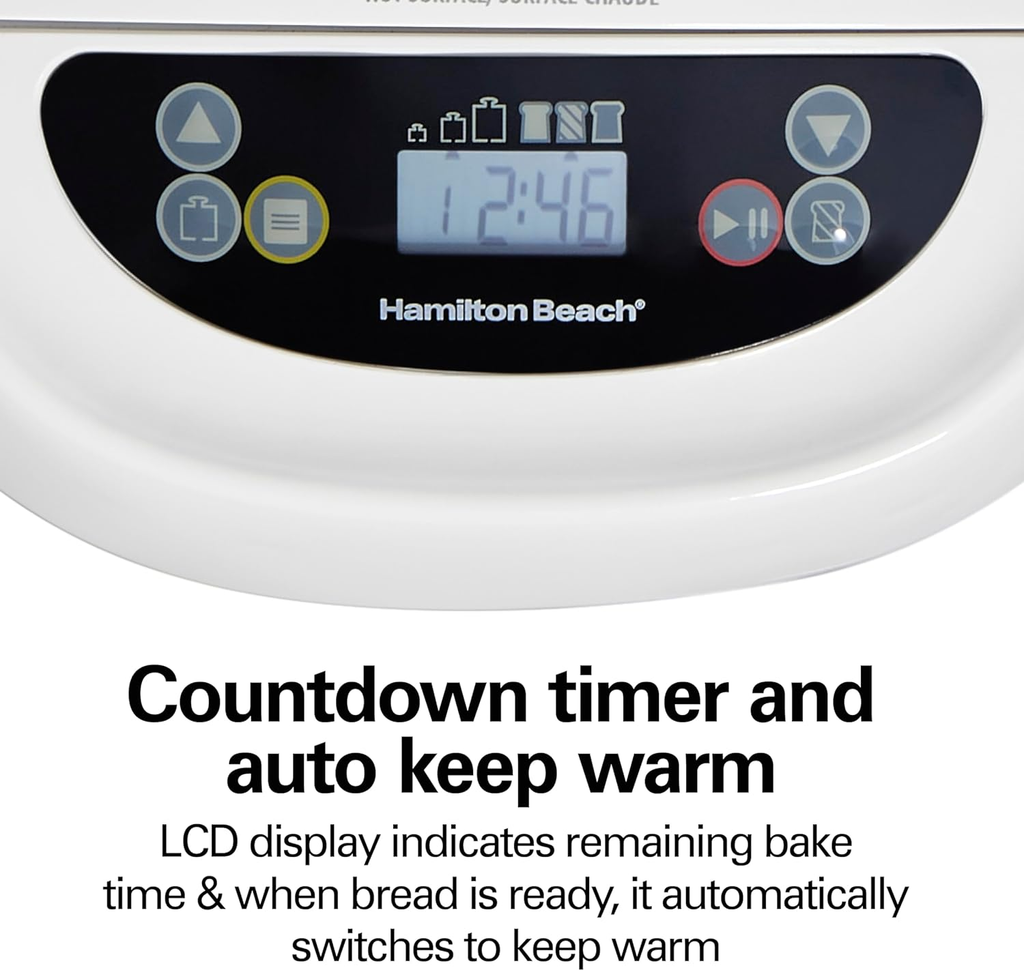 Open Box Hamilton Beach Digital Bread Maker with 14 Programs, 1-2 lb Loaf Capacity, 3 Crust Settings & Delay Timer - White/Stainless Steel