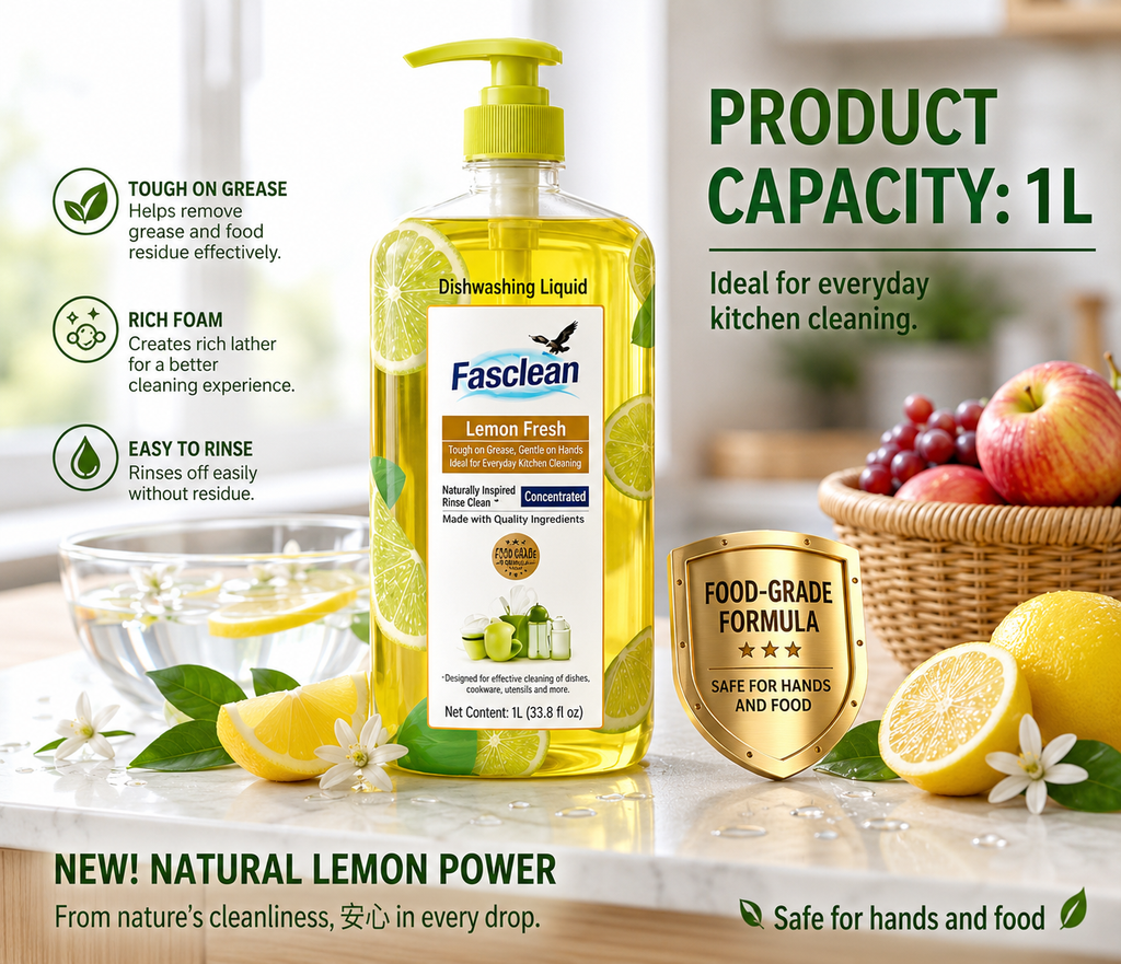 Fasclean Lemon Dishwashing Liquid 1L, Concentrated Kitchen Dish Soap for Grease Cleaning & Everyday Dish Care