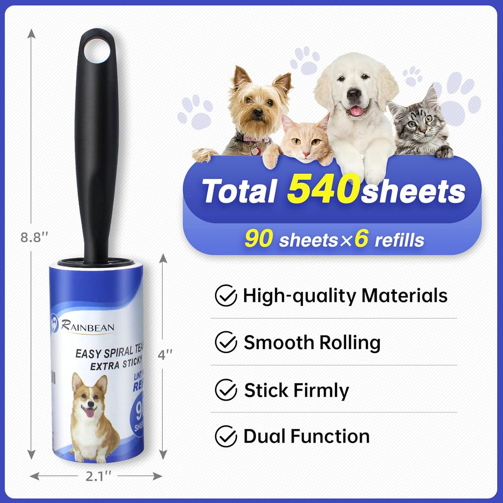 RAINBEAN Extra Sticky Lint Roller Set 540 Sheets with 6 Refills & 2 Handles, Pet Hair Remover for Clothes Furniture Carpet