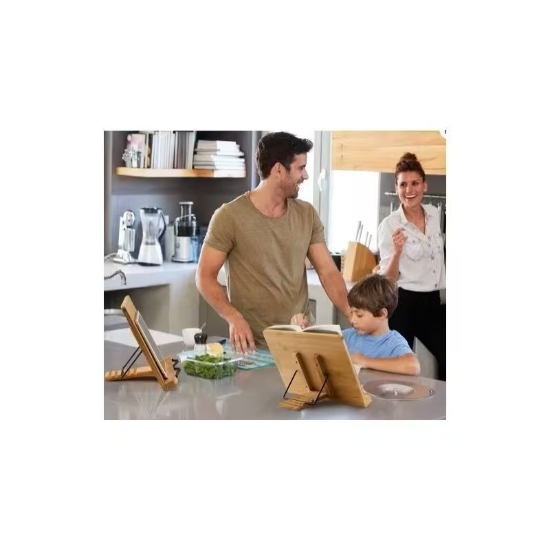 Adjustable Bamboo Book Stand – Foldable Wooden Cookbook and Tablet Holder for Reading and Kitchen Use