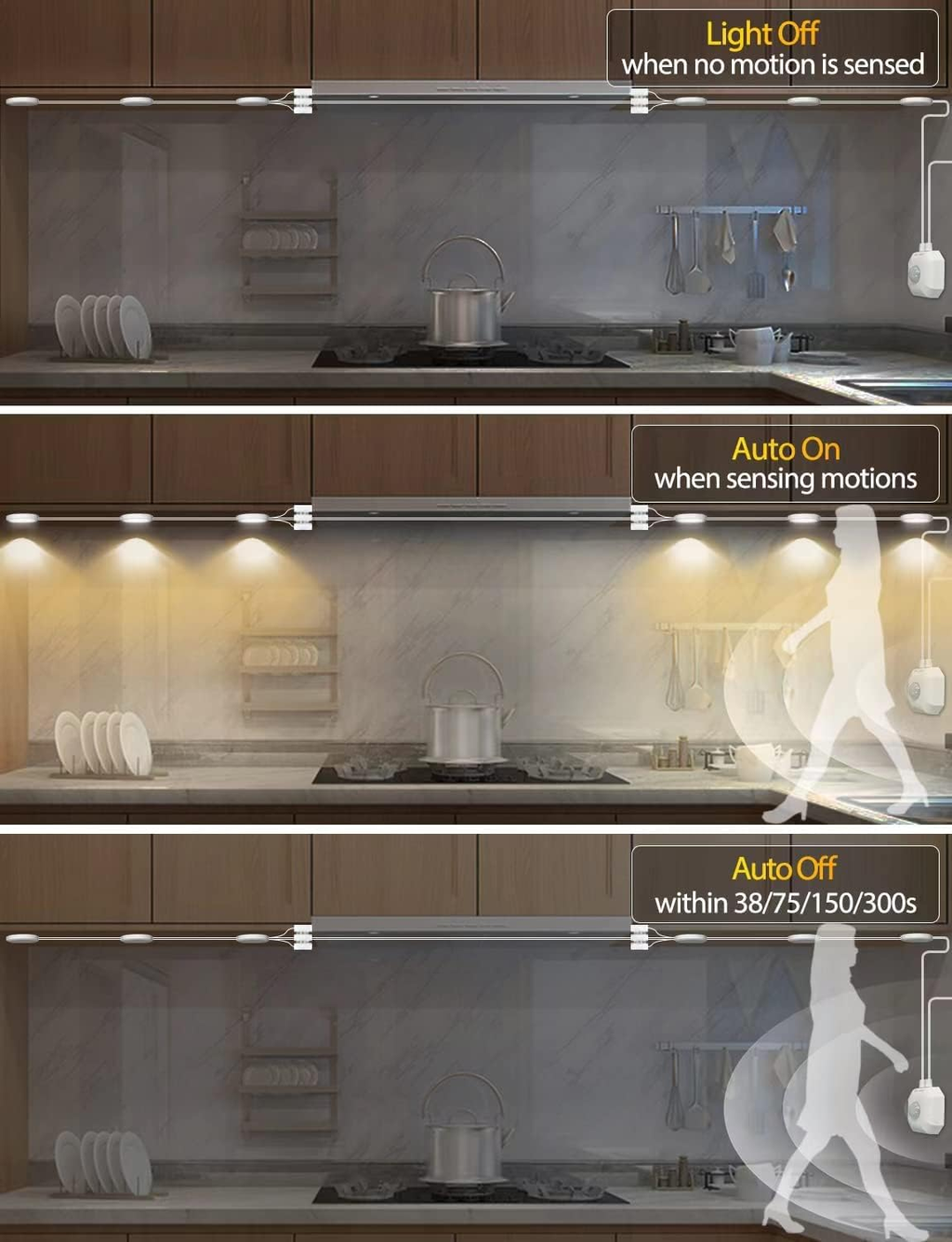 8-Pack LED Under-Cabinet Puck Lights with Motion Sensor, USB-Powered Cabinet and Closet Lighting, 3 Colour Modes, White