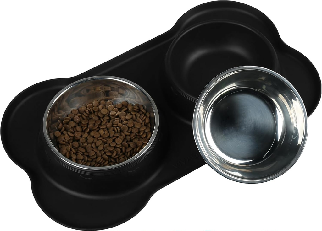 Double Dog Bowl Set with Silicone Mat – Stainless Steel Pet Food and Water Bowls for Small Dogs