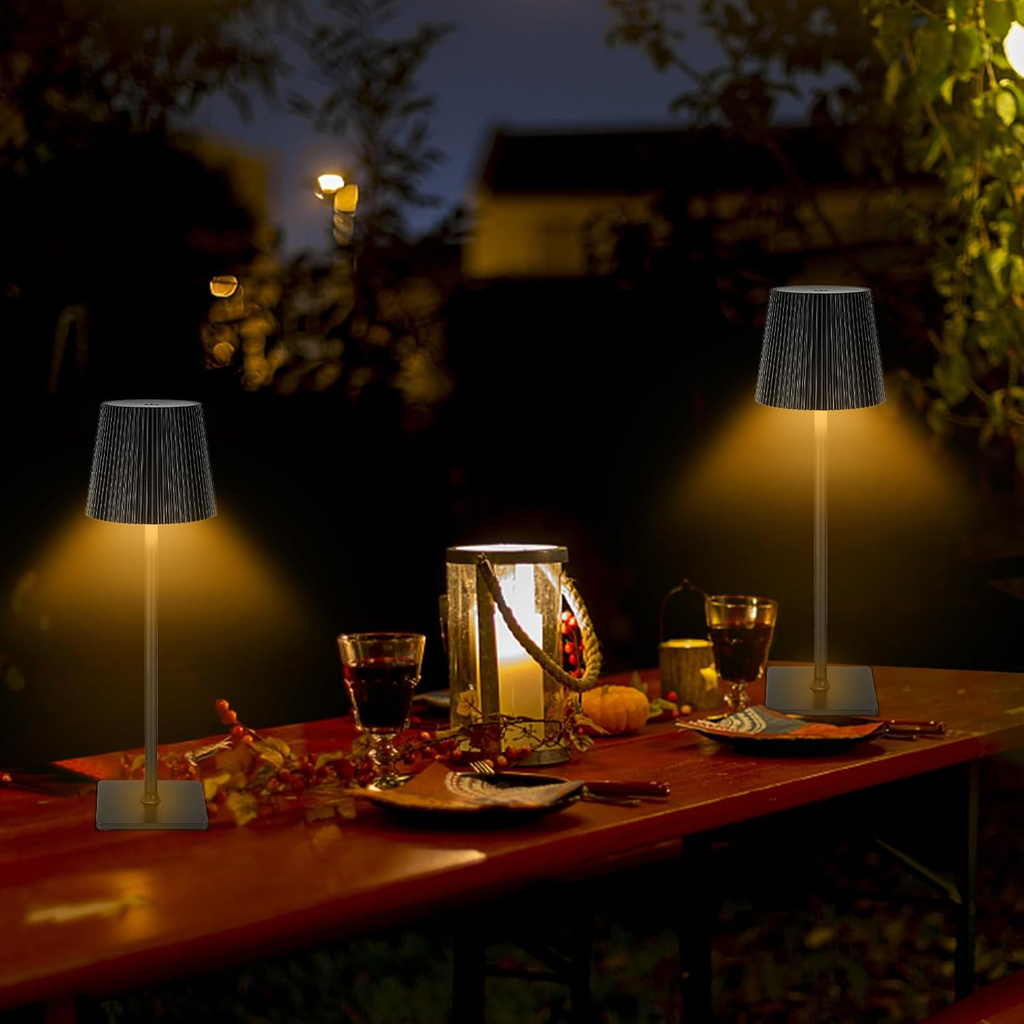 Cordless Rechargeable LED Table Lamps, Set of 2, Touch Dimmable, 3 Light Colours, IP54 Water-Resistant – Black