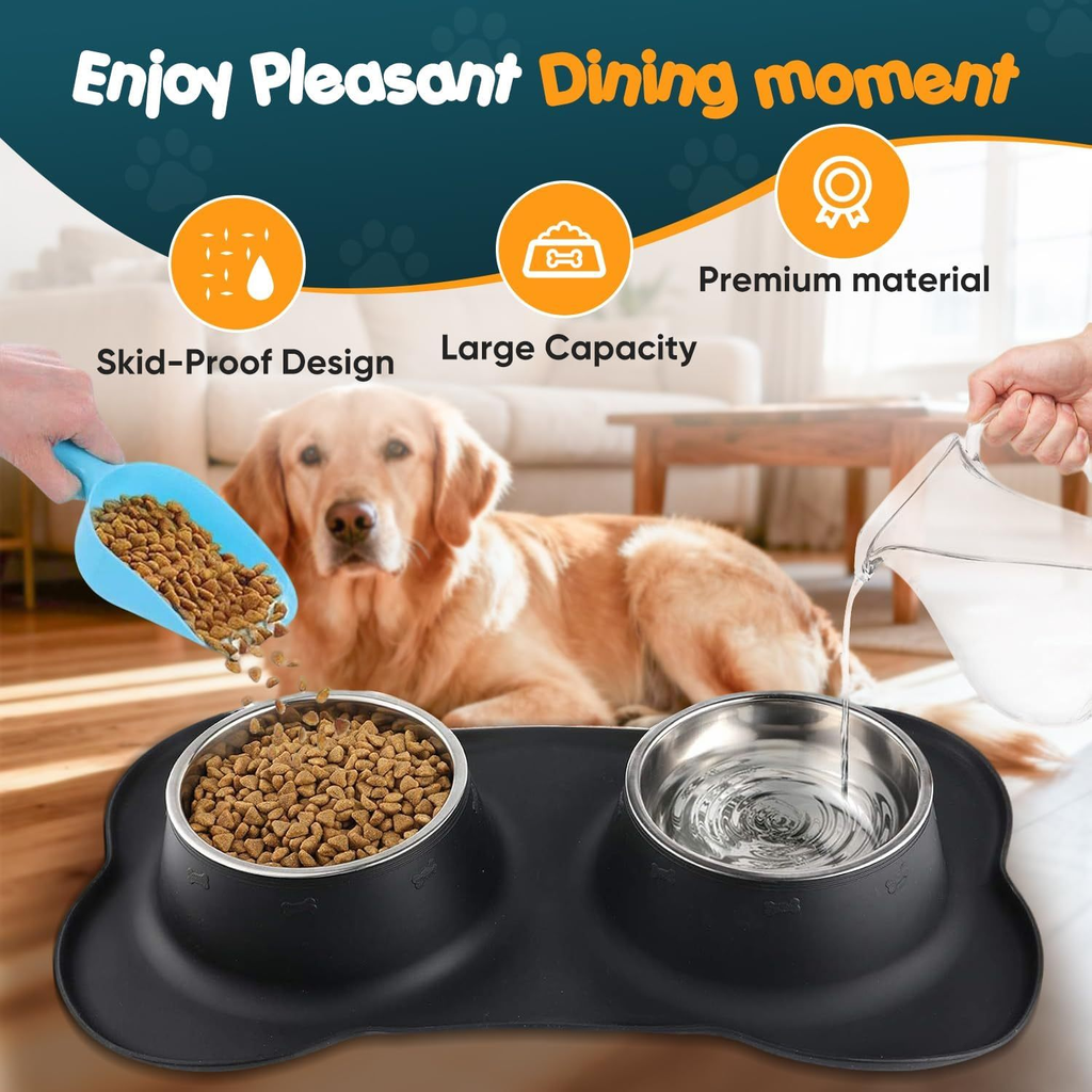Double Dog Bowl Set with Silicone Mat – Stainless Steel Pet Food and Water Bowls for Small Dogs