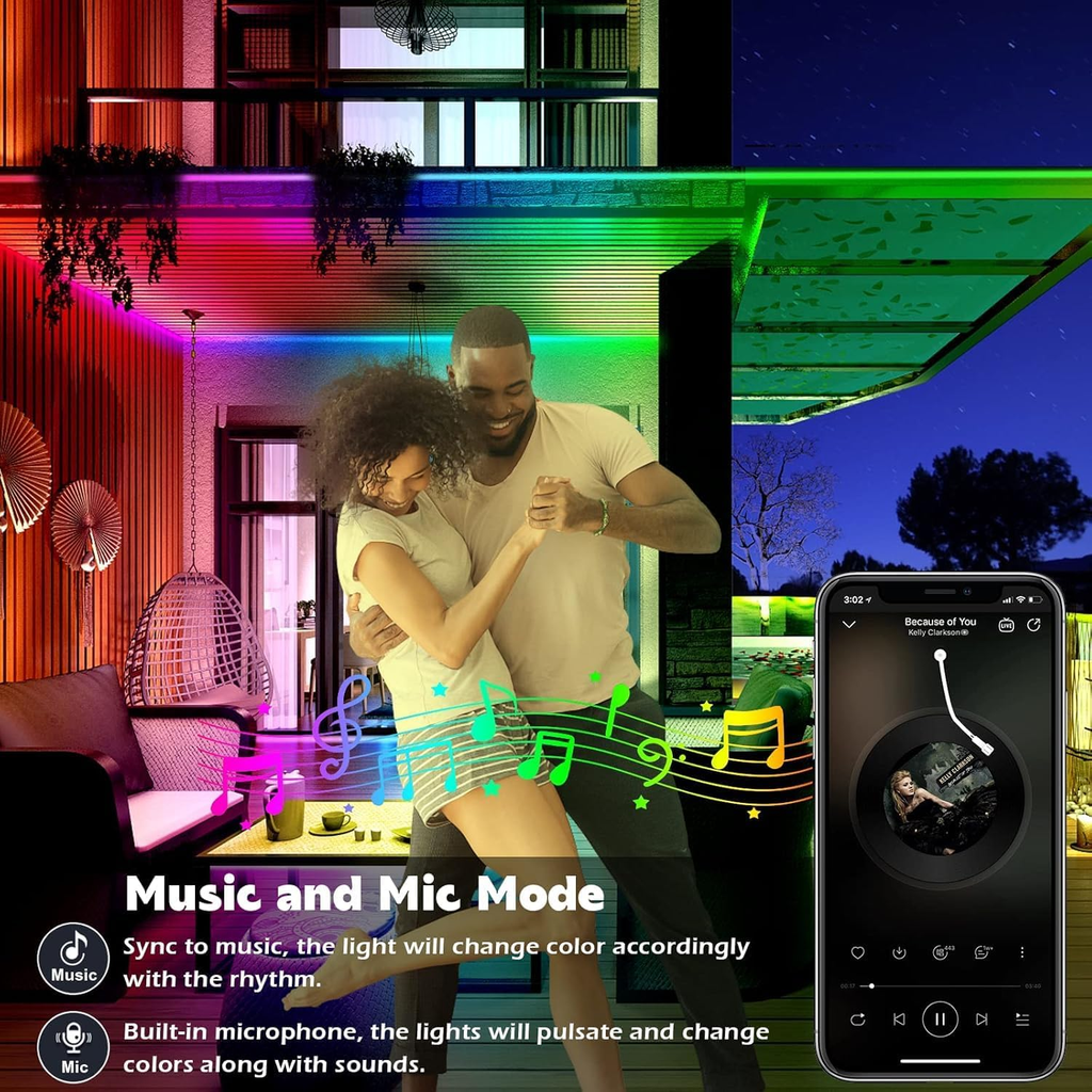 200FT Outdoor IP68 Waterproof RGB LED Strip Lights with App & Remote Control, Music Sync
