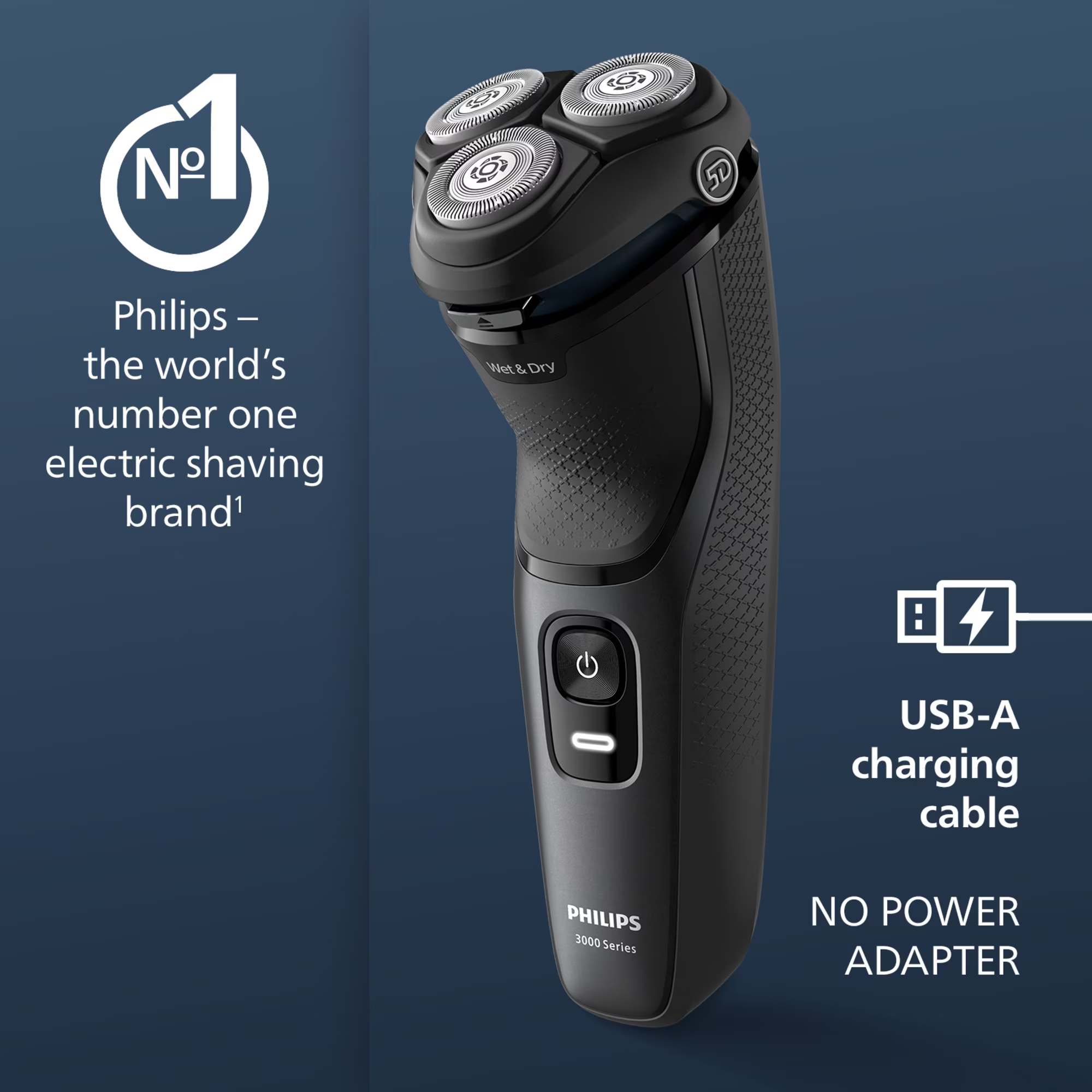 Philips Series 3000 Wet & Dry Rotary Electric Shaver with 5D Flex Heads, USB Charging & Protective Cap - Black