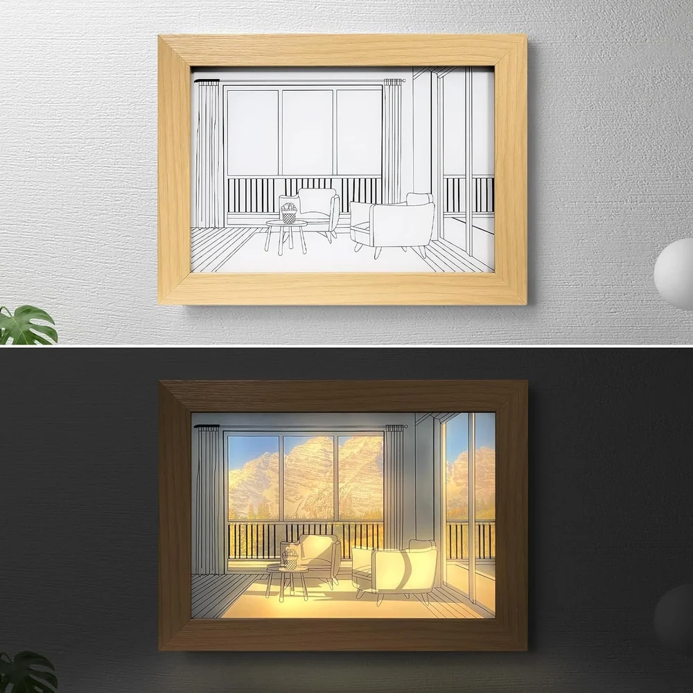 Golden 3d wooden Photo Frame Light, For Home