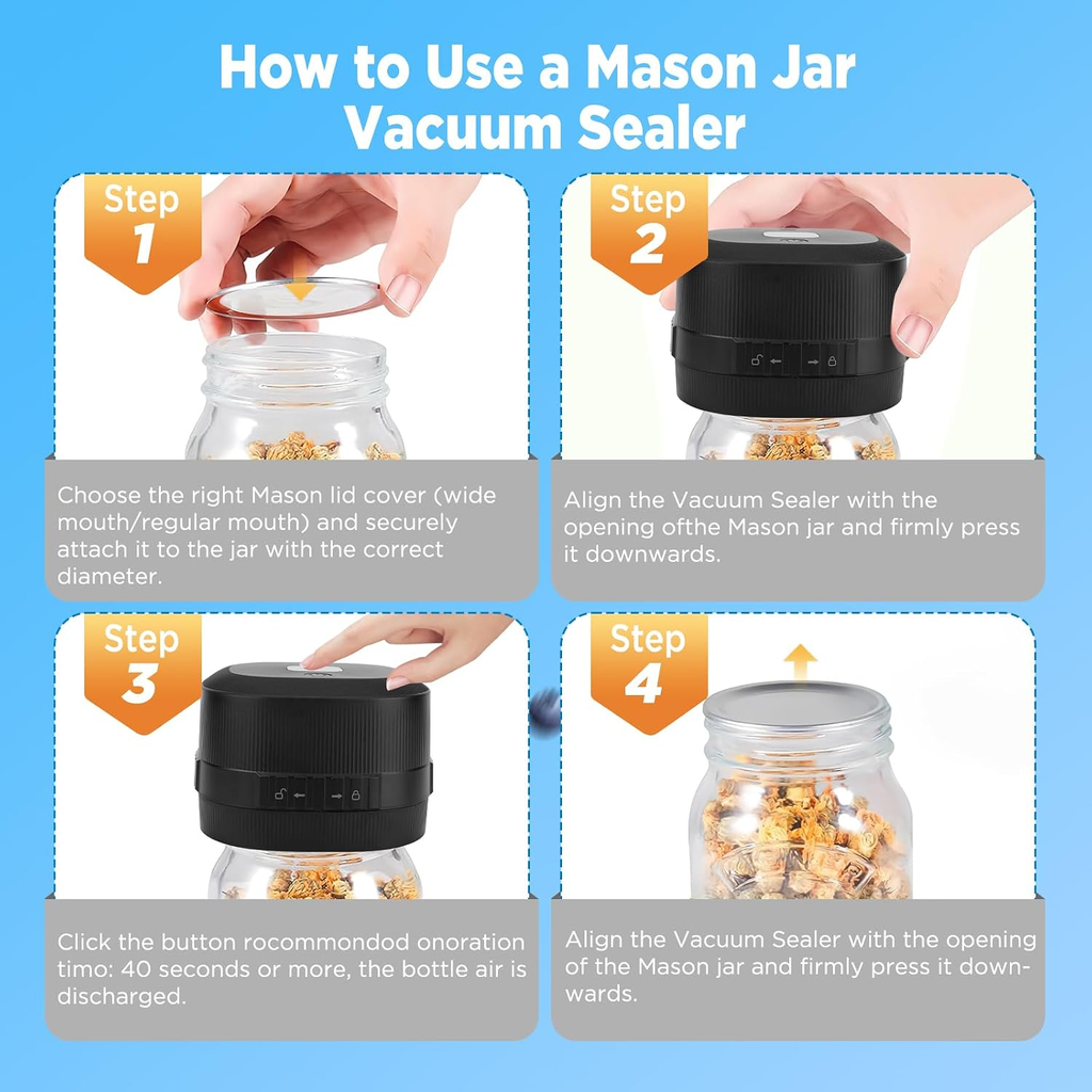 3-in-1 Rechargeable Electric Mason Jar Vacuum Sealer Kit for Regular and Wide Mouth Jars – Black