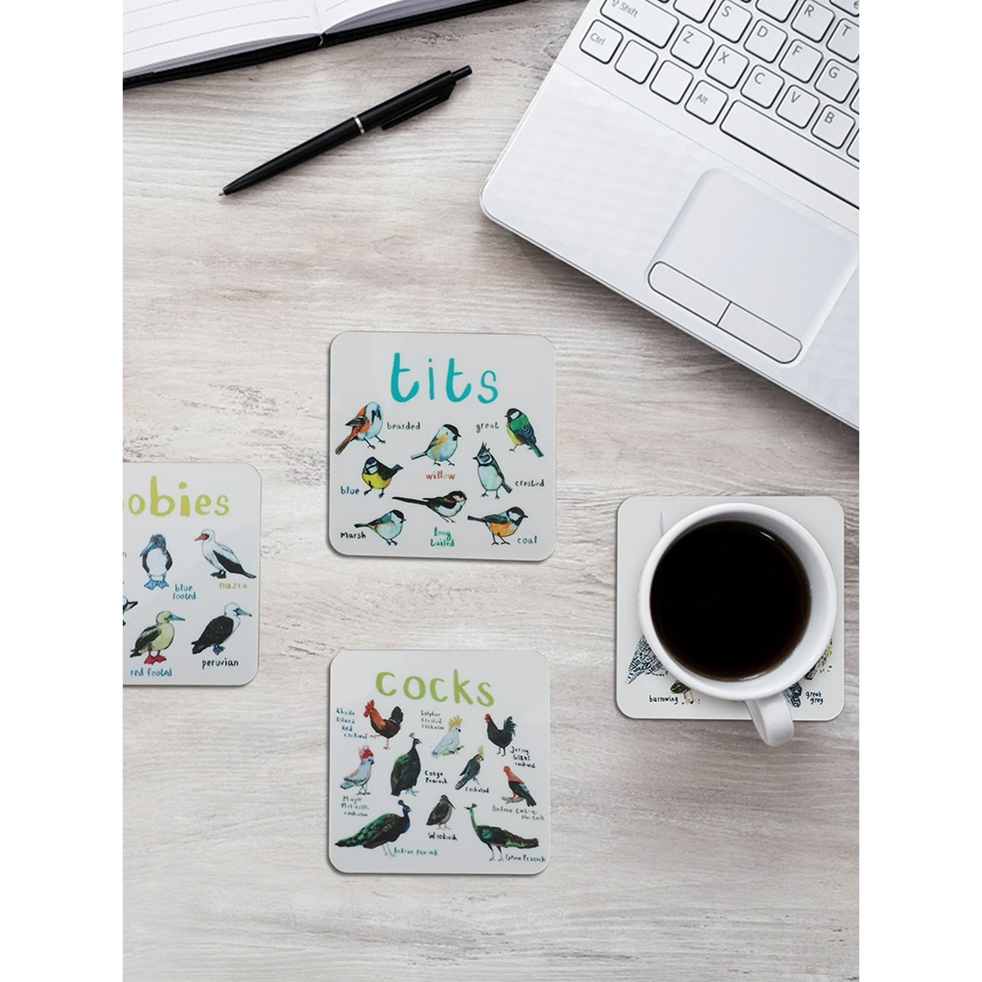 Funny Bird Pun Coasters Set of 6, Acrylic Drink Coasters for Table Protection, Cute Cartoon Bird Design Coaster Set for Coffee, Tea, Home & Kitchen Decor