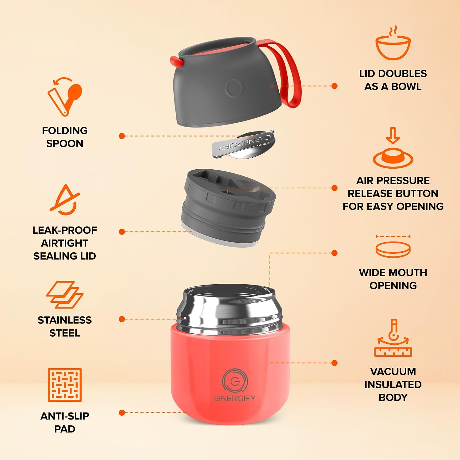 Energify 12 oz Vacuum Insulated Stainless Steel Food Jar with Folding Spoon – Coral Red or Mint Green