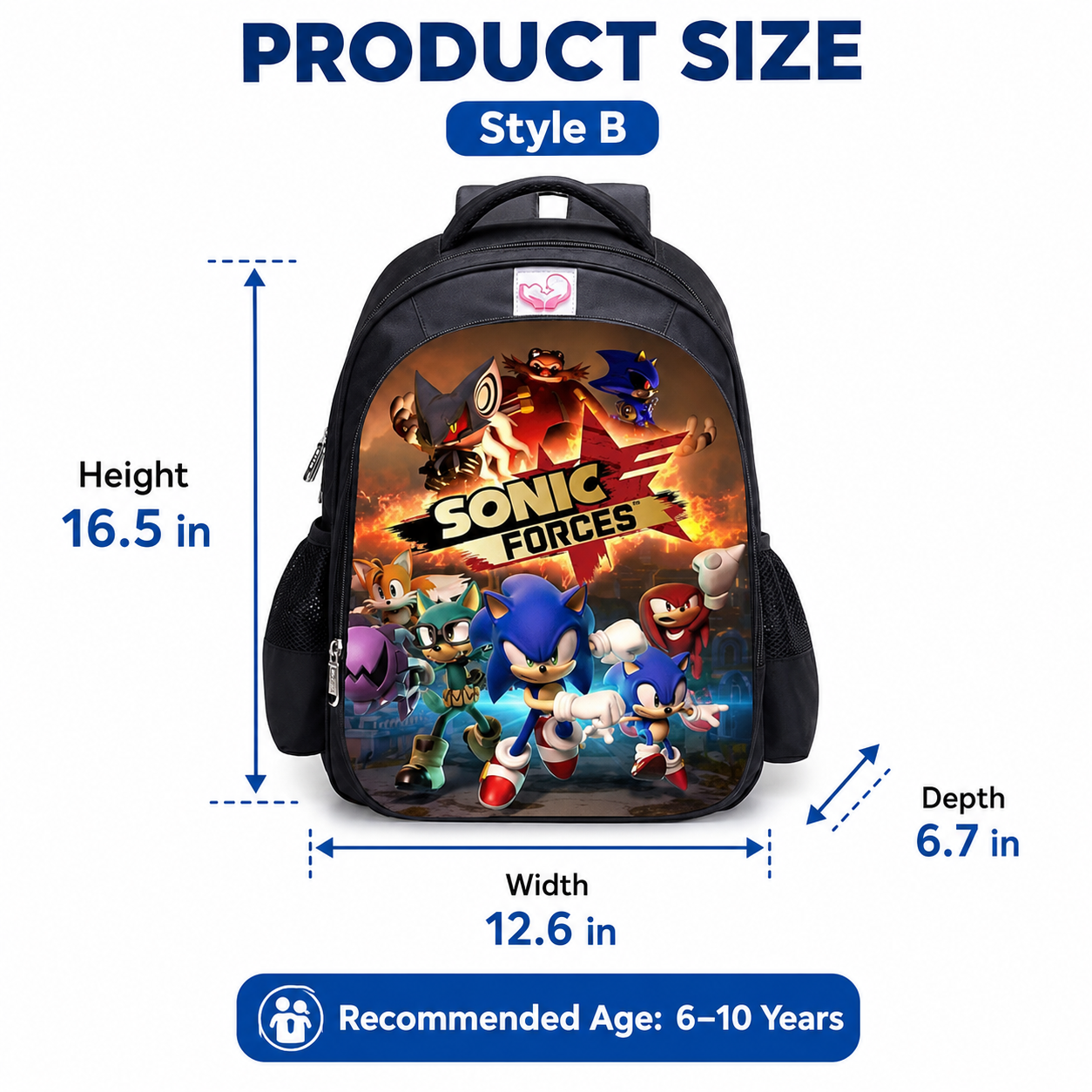 Kids School Backpack, Cartoon Character Print Bookbag with Front Zip Pocket and Dual Side Mesh Pockets, 16.5 x 12.6 x 6.7 in, Style B