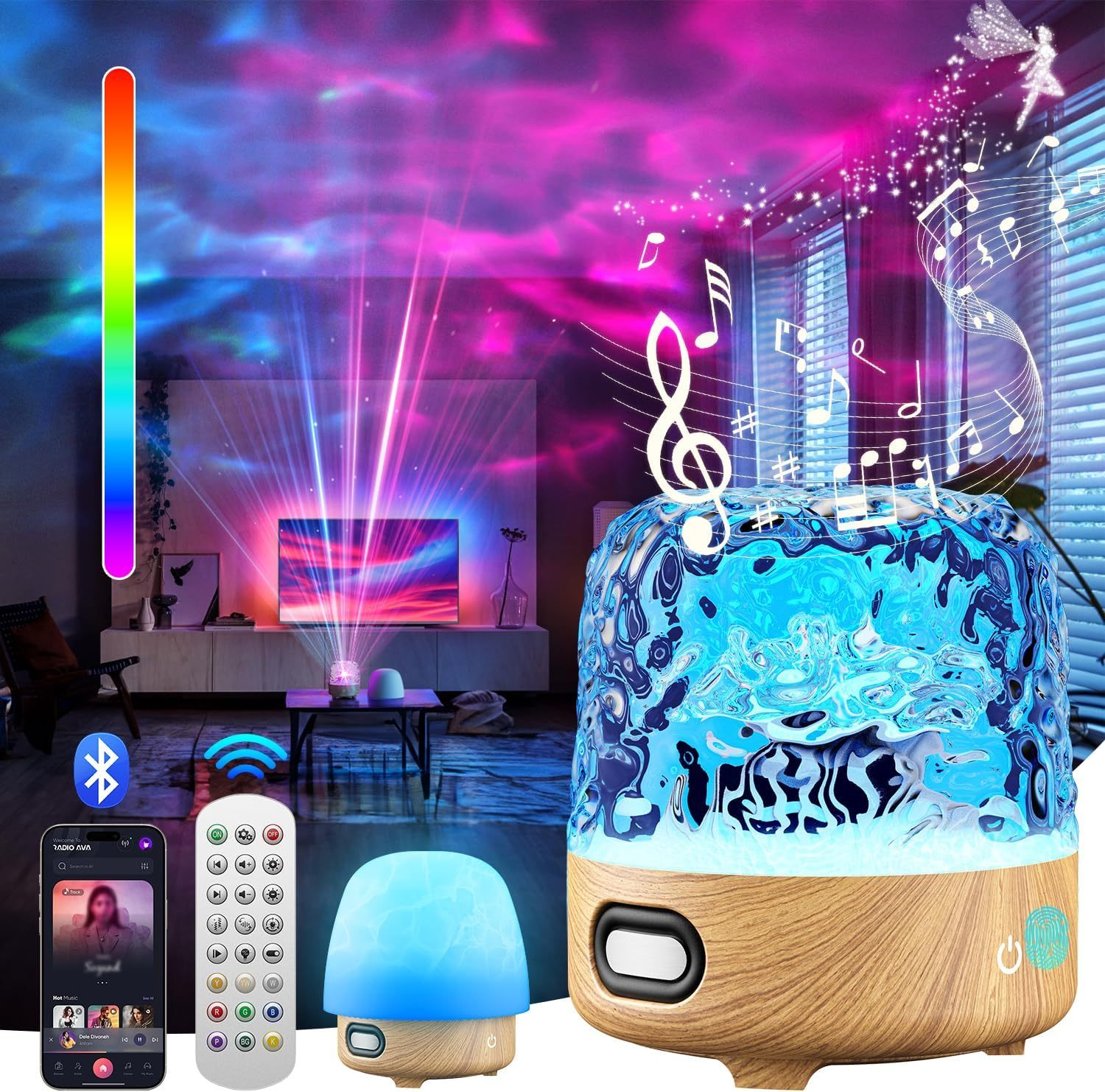 Bluetooth Speaker with Northern Lights Projector 9 Colors Ocean Wave Projector with Remote 3 Modes Galaxy Projector for Bedroom Night Light for Kids Christmas Decorations