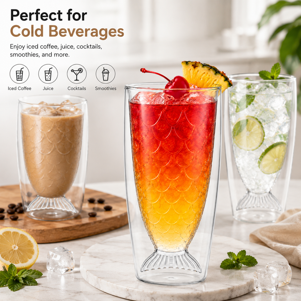 Mermaid Tail Double Wall Glass Cup, 12oz (355ml) Fish Scale Drinking Glass for Hot & Cold Beverages