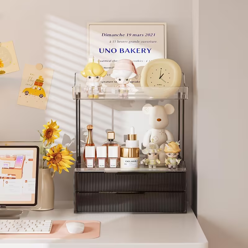 2-Tier Makeup Organizer with Drawers – Large Capacity Bathroom Counter Organizer, Skincare & Cosmetic Storage Display Stand