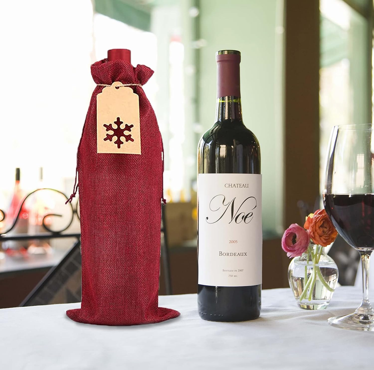 Christmas Burlap Wine Gift Bags with Drawstrings & Snowflake Tags – Red & Natural