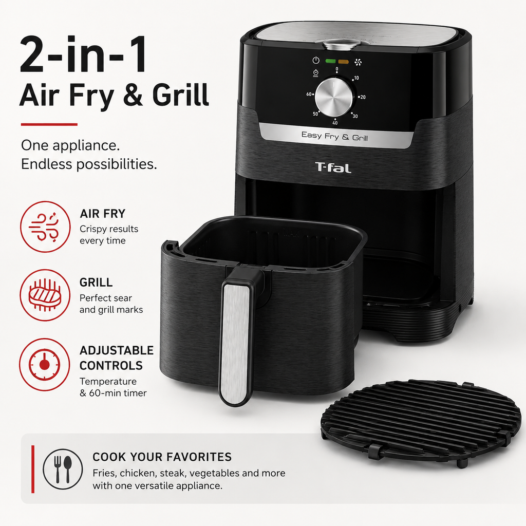 T-Fal Easy Fry & Grill Precision 2-in-1 Air Fryer, 4.4QT Capacity, Adjustable Temperature Control, 60-Minute Timer, Grill Plate Included, Black