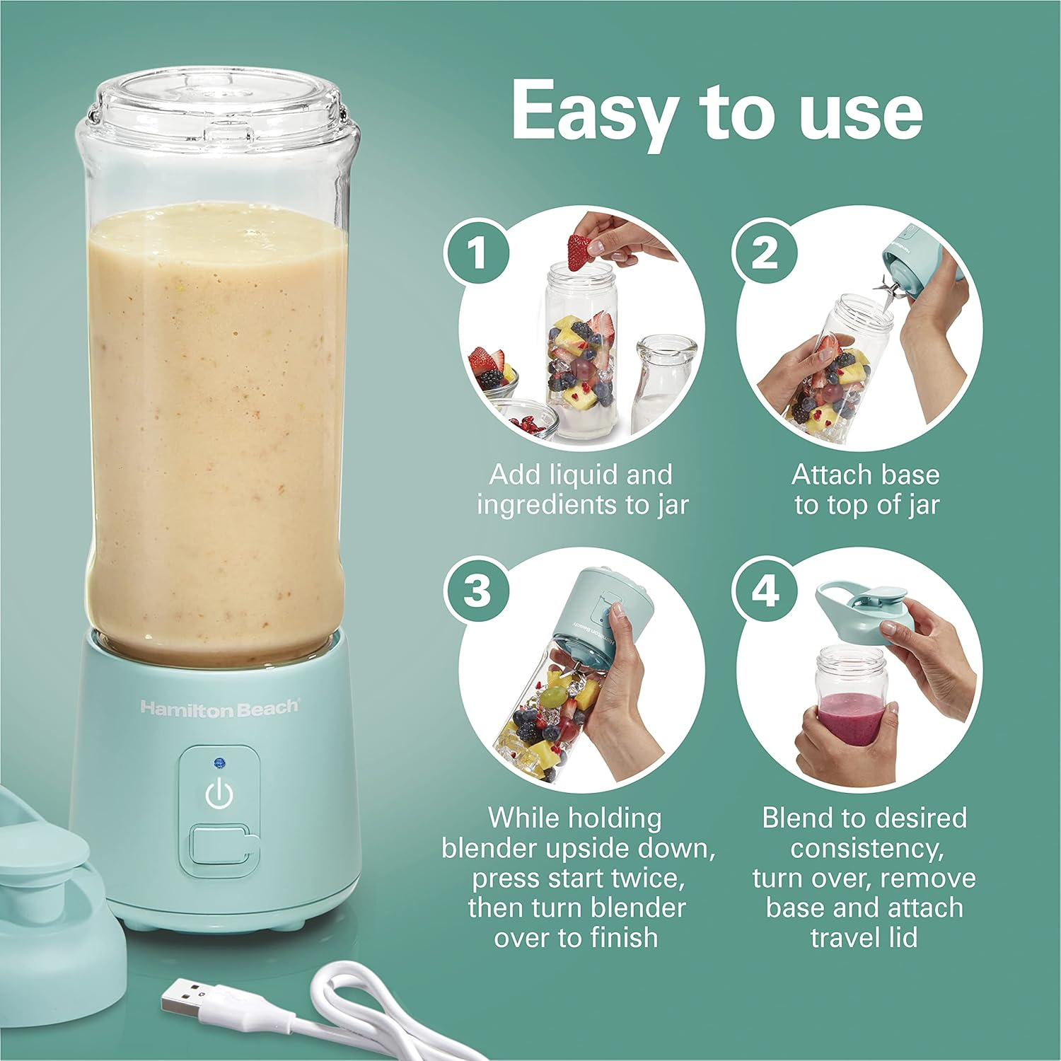 Hamilton Beach Blend Now Portable Cordless Blender with USB Rechargeable Battery, 16oz Travel Jar & Sip-Through Lid - Blue
