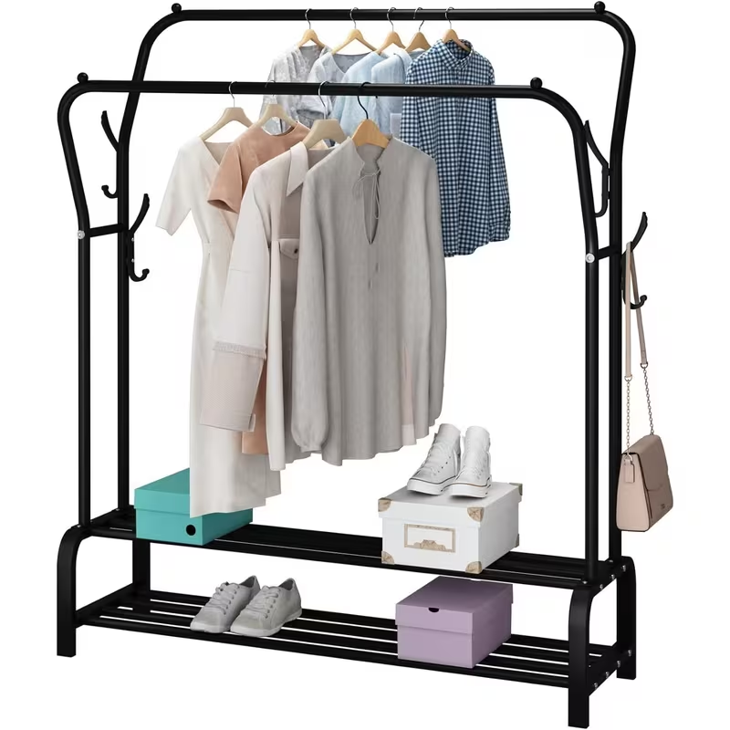 Double Rod Garment Rack with Shelf – Heavy Duty Freestanding Clothing Rack with Shoe Storage & Hooks for Bedroom, Entryway & Closet Organization
