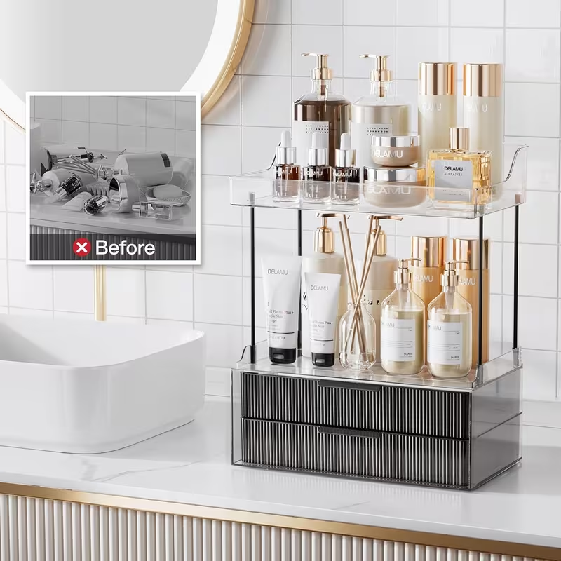 2-Tier Makeup Organizer with Drawers – Large Capacity Bathroom Counter Organizer, Skincare & Cosmetic Storage Display Stand