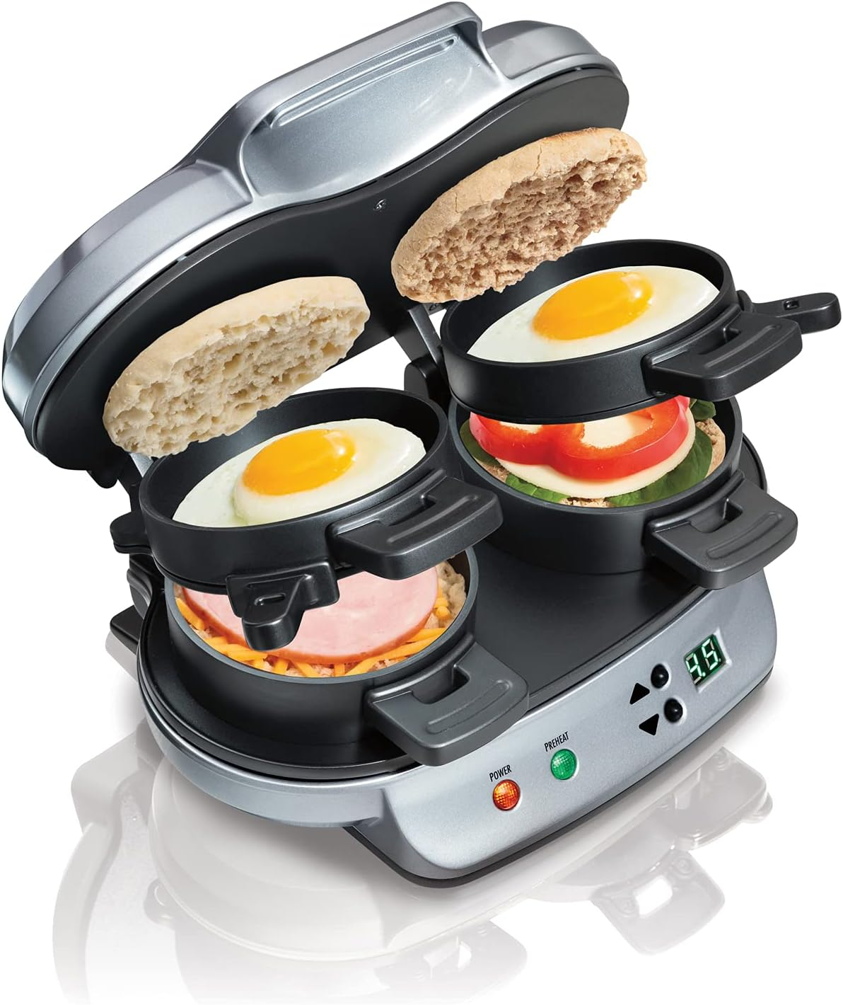 Open Box - Excellent | Hamilton Beach Dual Breakfast Sandwich Maker with Timer, Dual Cooking, Non-Stick Plates, Dishwasher Safe Parts, Silver