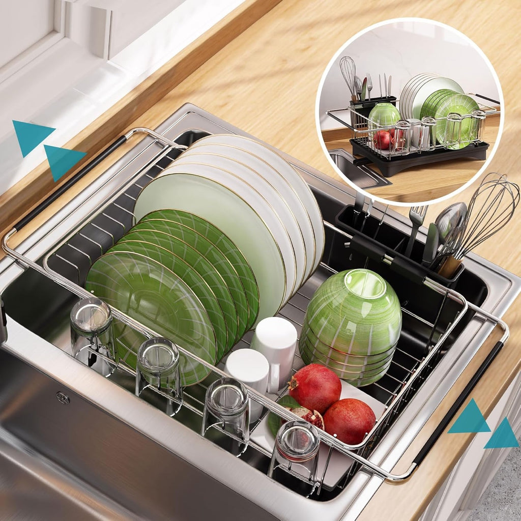Adjustable Sink Dish Drying Rack – Over Sink & Countertop Dish Drainer with Automatic Drainage for Kitchen