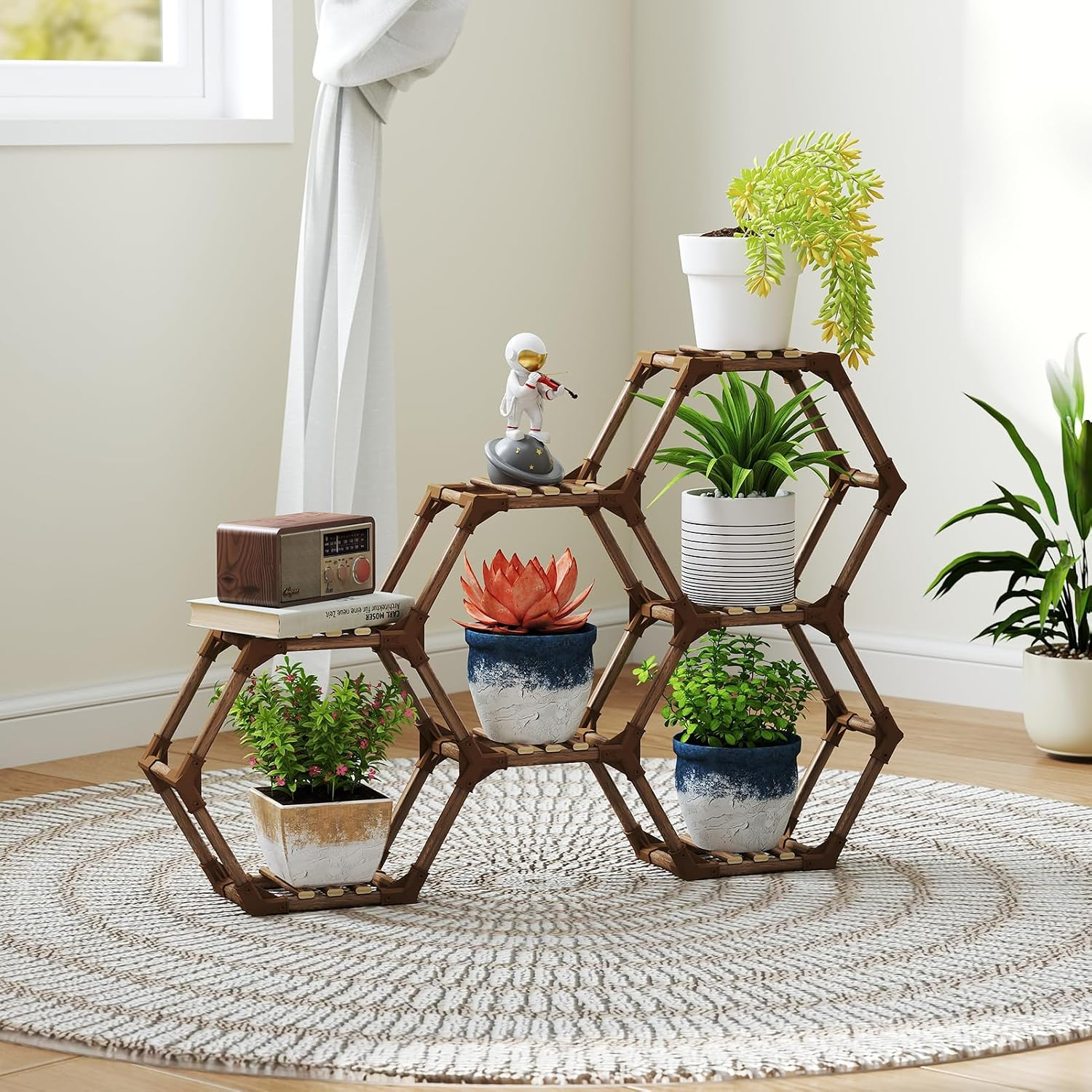 Small 7-Tier Hexagonal Wooden Plant Stand, 36.6 x 5.9 x 24.7 in, Multi-Level Indoor Outdoor Plant Shelf for Living Room, Balcony & Patio