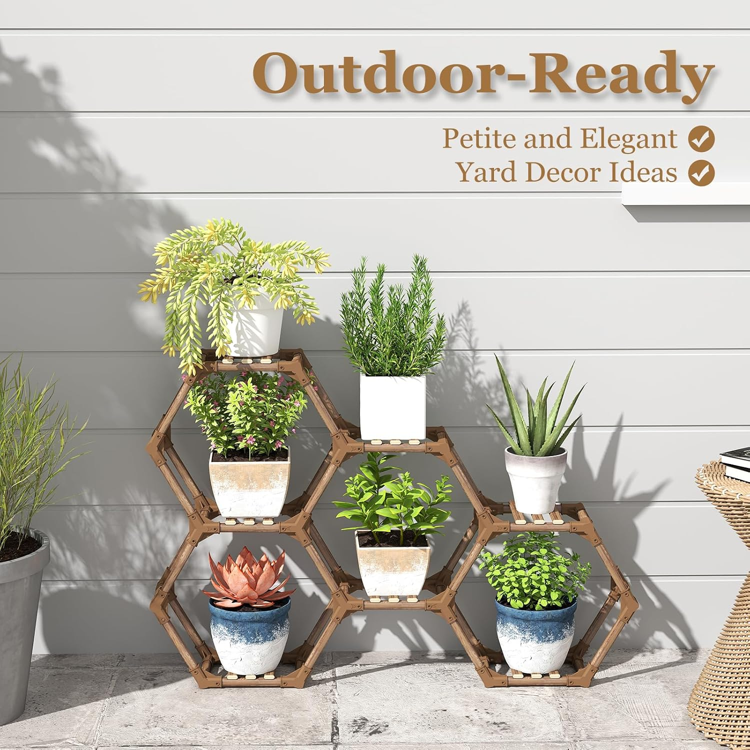 Small 7-Tier Hexagonal Wooden Plant Stand, 36.6 x 5.9 x 24.7 in, Multi-Level Indoor Outdoor Plant Shelf for Living Room, Balcony & Patio