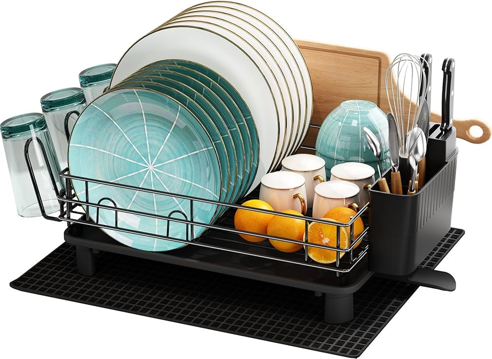 Stainless Steel Dish Drying Rack – Kitchen Countertop Dish Drainer with Drainboard, Utensil Holder & Cup Holder