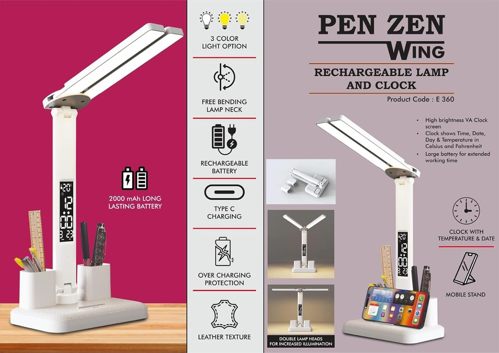 LAVI Rechargeable lamp with Dual Tumbler Clock with Temperature & Date Double Lamp Heads Phone Stand Function 2000 mAh Battery for Study/Office Work
