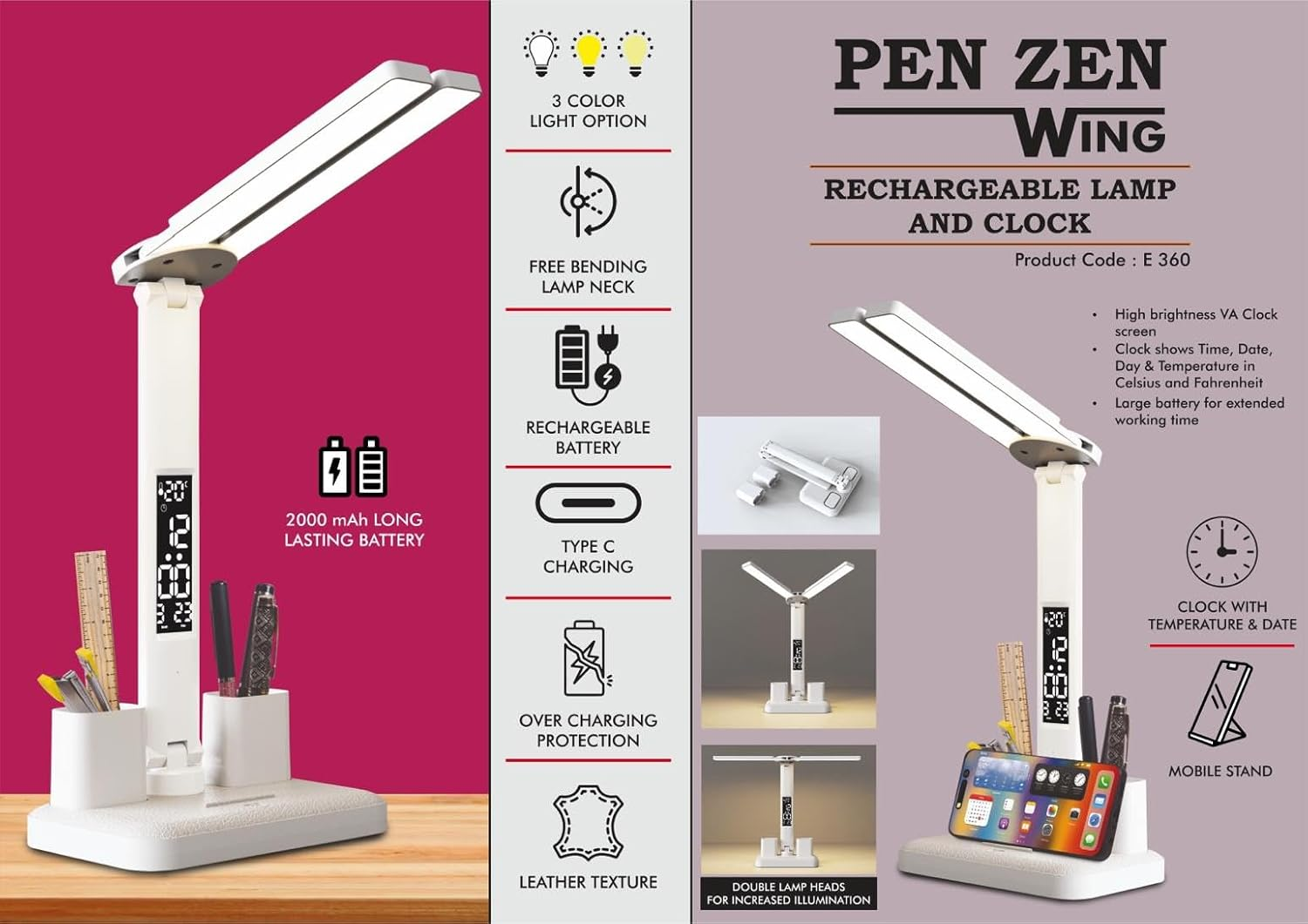 LAVI Rechargeable lamp with Dual Tumbler Clock with Temperature & Date Double Lamp Heads Phone Stand Function 2000 mAh Battery for Study/Office Work