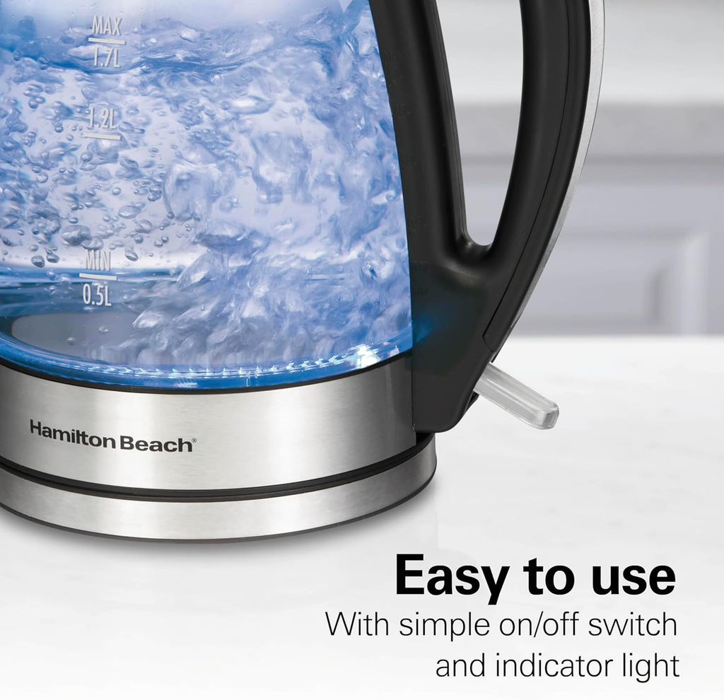 Open Box Hamilton Beach 1.7L Electric Glass Kettle, 1500W Fast Boiling Water Boiler with LED Indicator, Mesh Filter, Auto Shut-Off and Boil-Dry Protection, Black