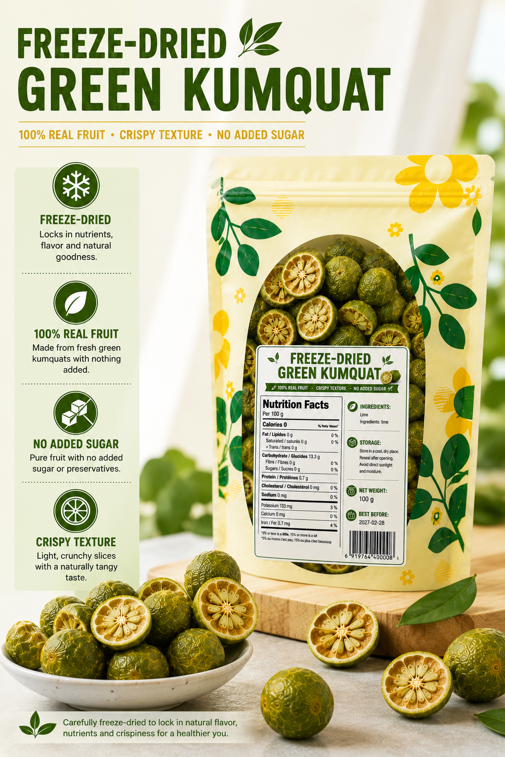 Freeze-Dried Green Kumquat | 100g Crispy Citrus Snack for Tea, Drinks & Baking