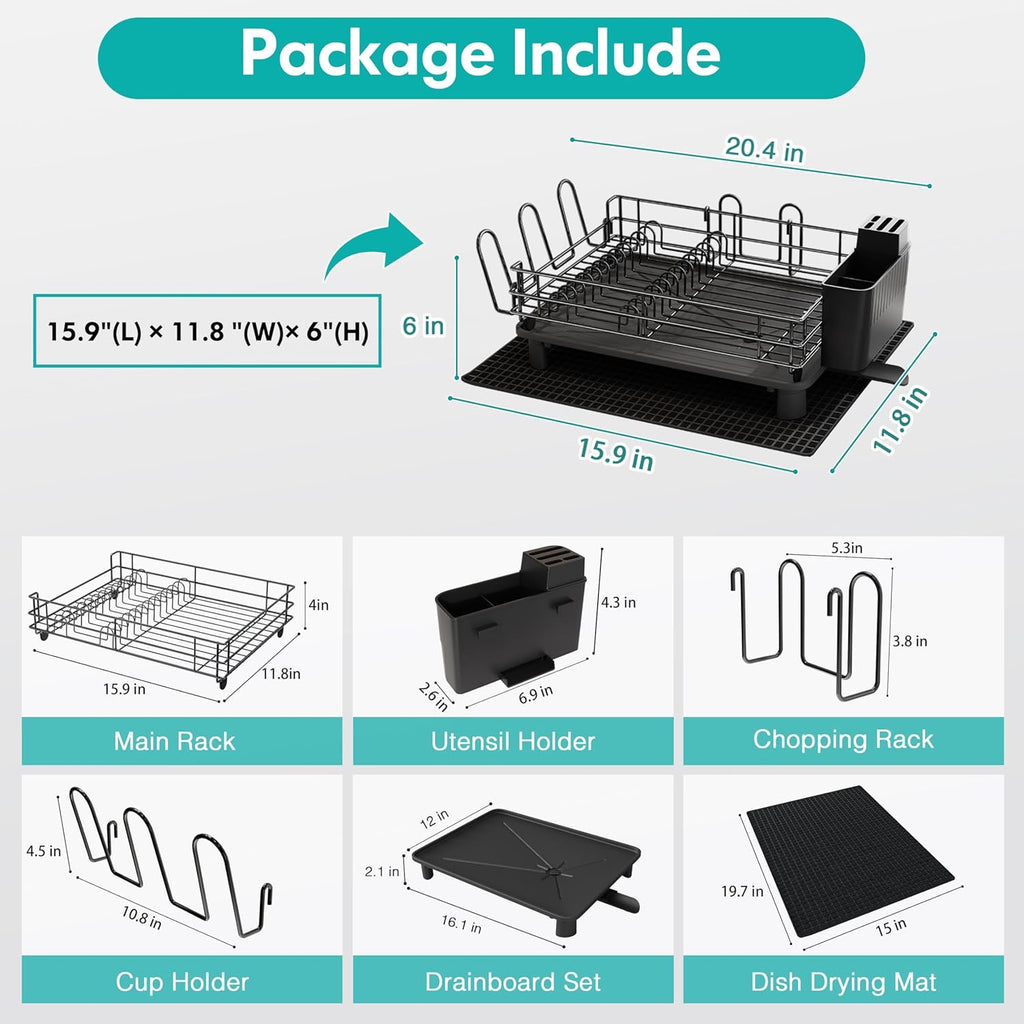 Stainless Steel Dish Drying Rack – Kitchen Countertop Dish Drainer with Drainboard, Utensil Holder & Cup Holder