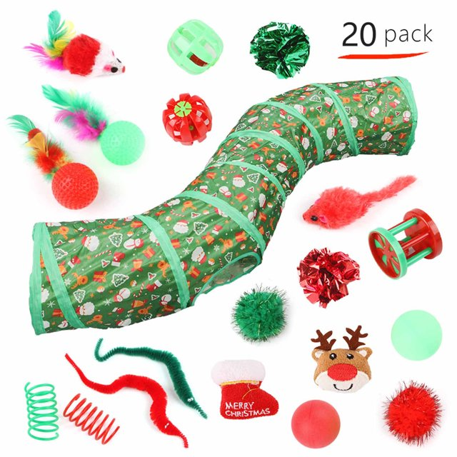 Christmas Cat Toy Set with Collapsible Tunnel – Holiday Variety Pack