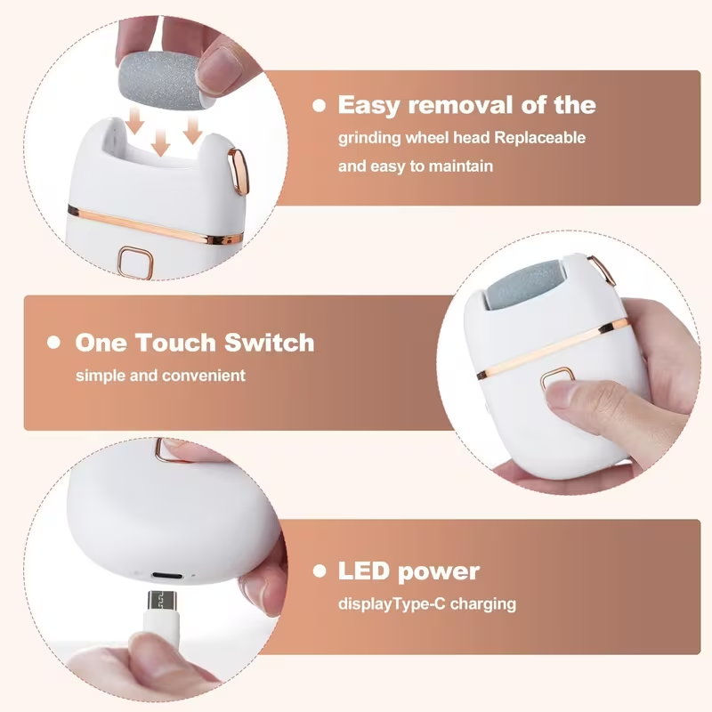 Electric Foot Callus Remover, Callus Remover for Feet, Pedicure Tools for Feet Rechargeable Waterproof, Waterproof, 2 Speeds, 3 Grinding Head Replacement Set - White