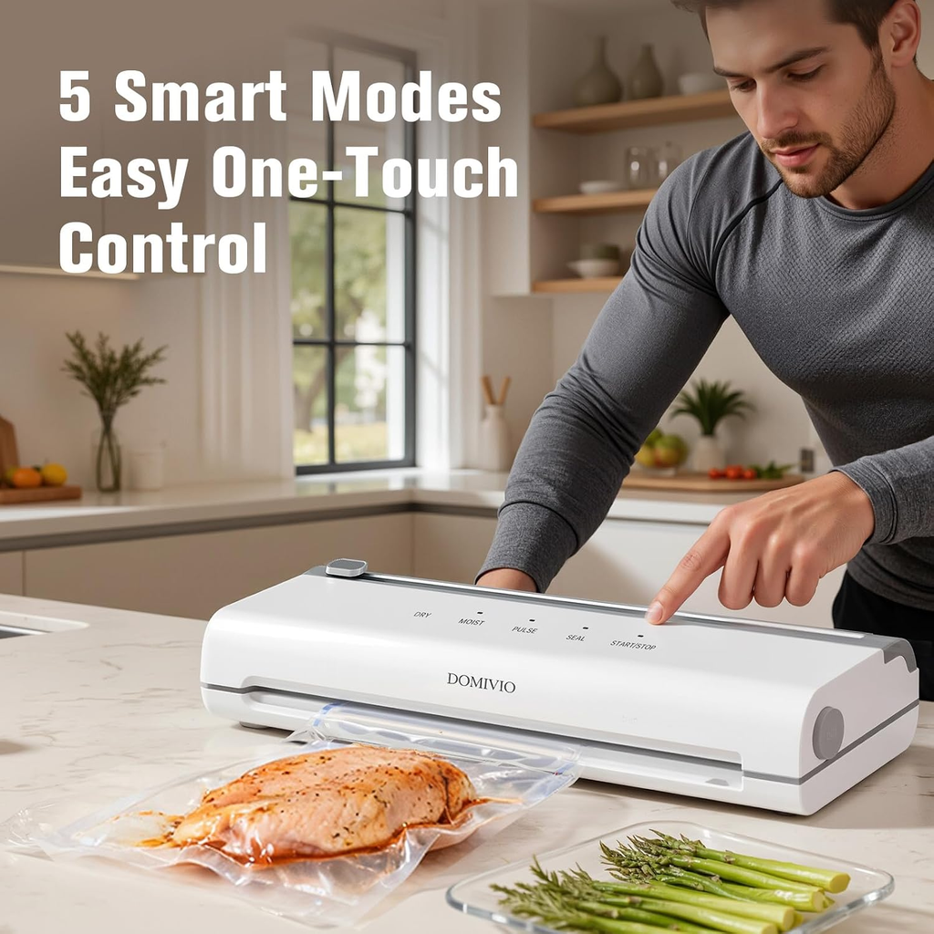 6-in-1 Vacuum Sealer Machine with 65kPa Suction, Built-In Cutter, External Vacuum Hose and 20 Pre-Cut Bags, White