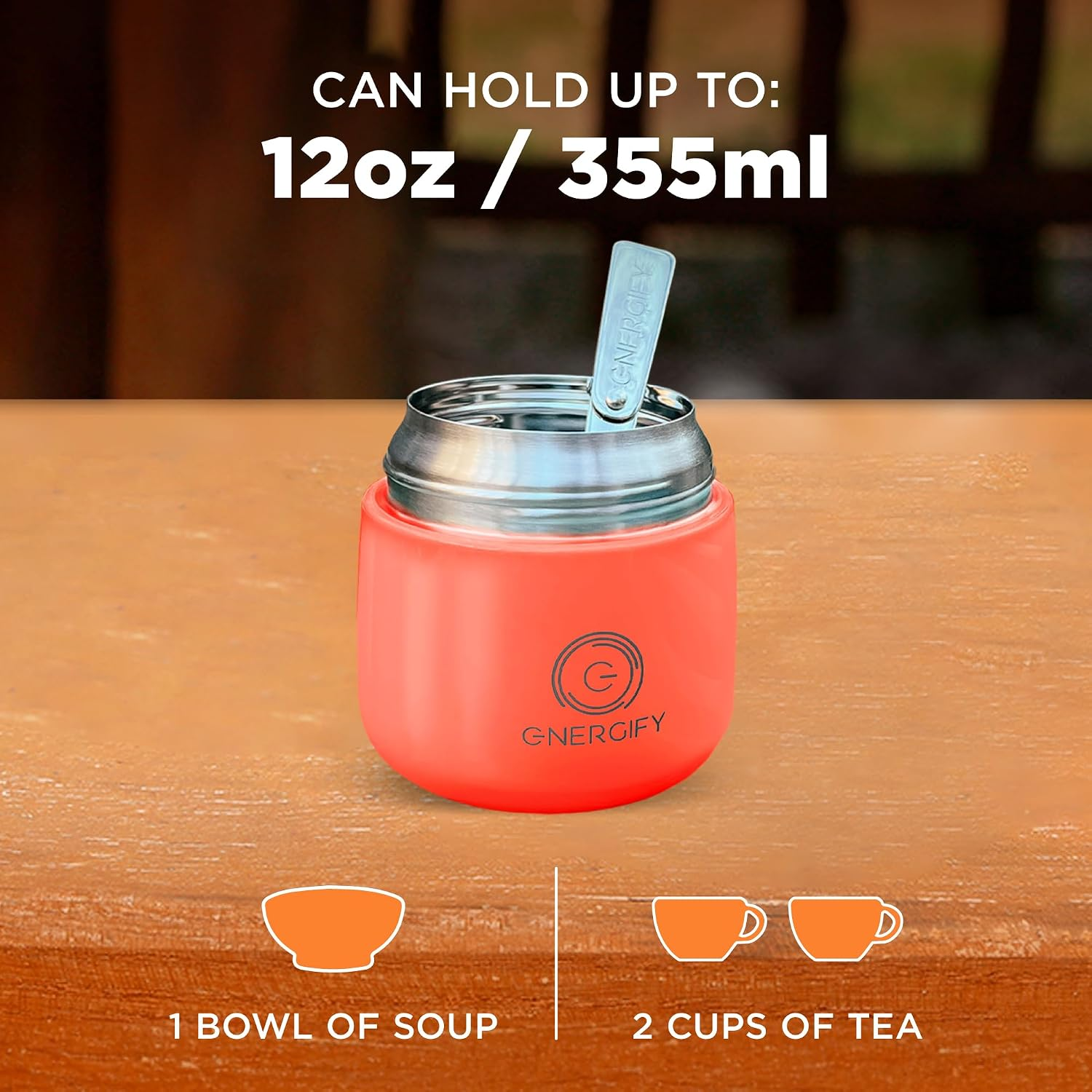 Energify 12 oz Vacuum Insulated Stainless Steel Food Jar with Folding Spoon – Coral Red or Mint Green