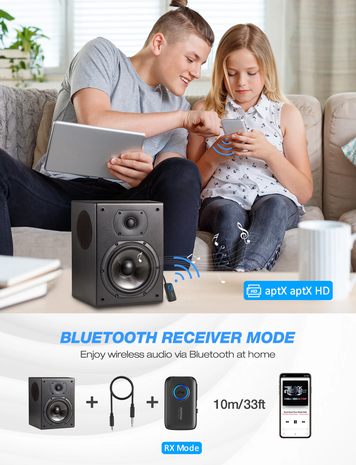 Mpow Bluetooth 5.0 Transmitter Receiver 2-in-1 Wireless Audio Adapter, aptX Low Latency aptX HD, Dual Link, 3.5mm AUX Bluetooth Adapter for TV, Car, PC, Home Stereo