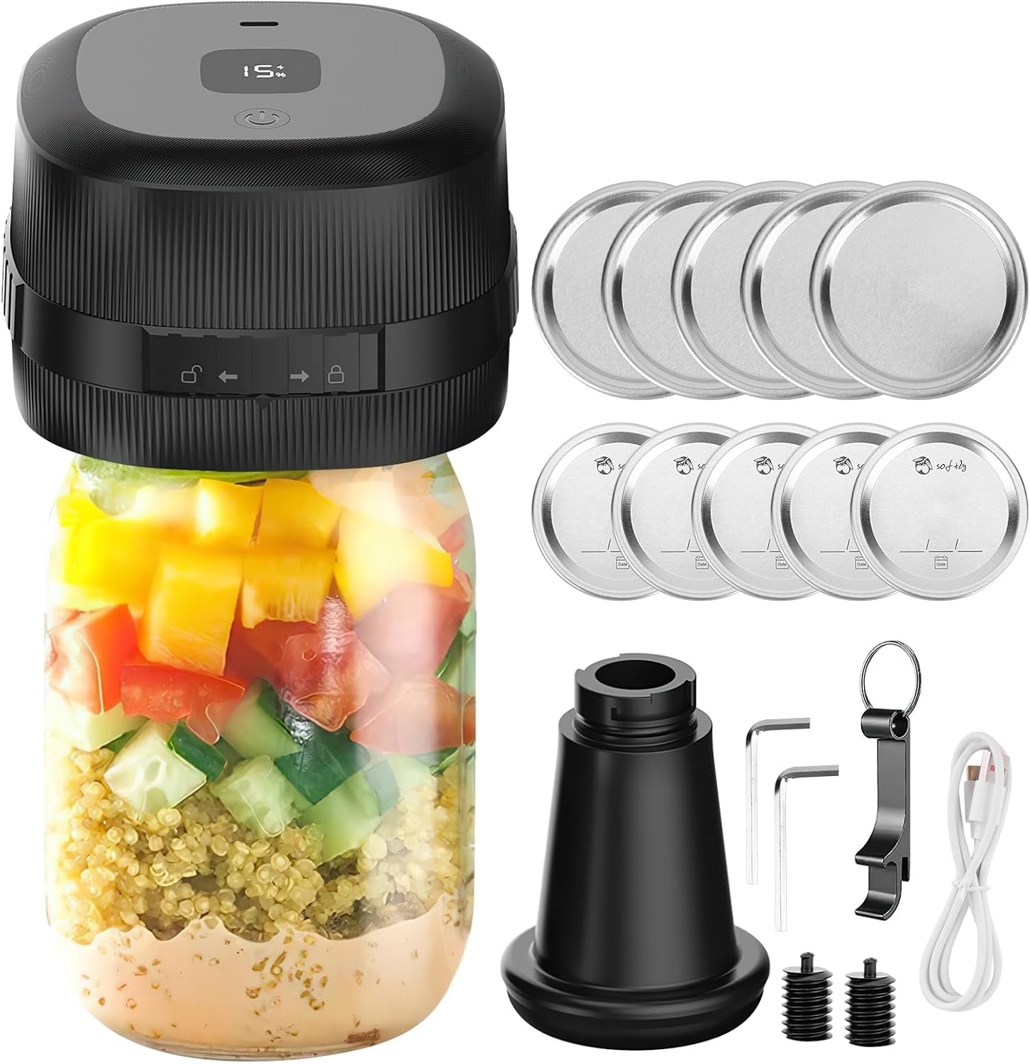 3-in-1 Rechargeable Electric Mason Jar Vacuum Sealer Kit for Regular and Wide Mouth Jars – Black