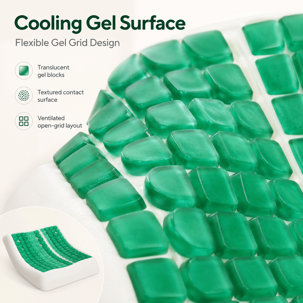 Cooling Gel Contoured Pillow with Flexible Gel Grid, Cushioned Support for Bed and Everyday Rest, Green and White, 66 × 40 × 11 cm
