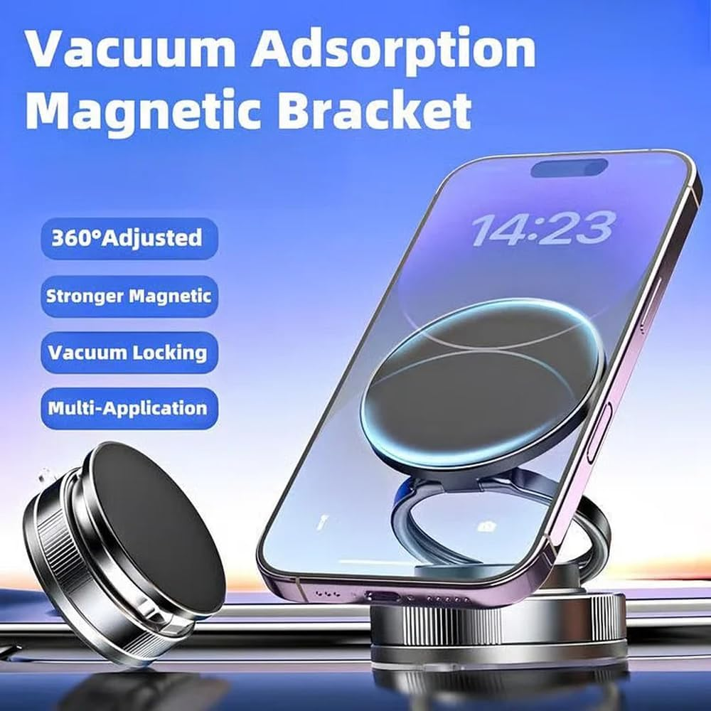 360° Adjustable Magnetic Car Phone Holder with Vacuum Suction Base, Foldable Dashboard Mount – Black
